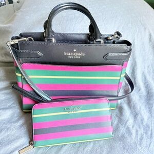 Kate Spade Staci Wrapping Paper Stripe Satchel + Matching Zip Wallet Black